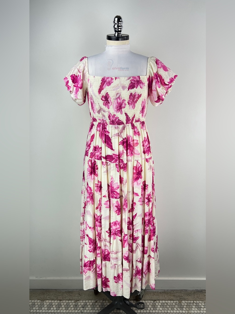 💚 3716. Floral Smocked Midi Dress in Pink and Cream